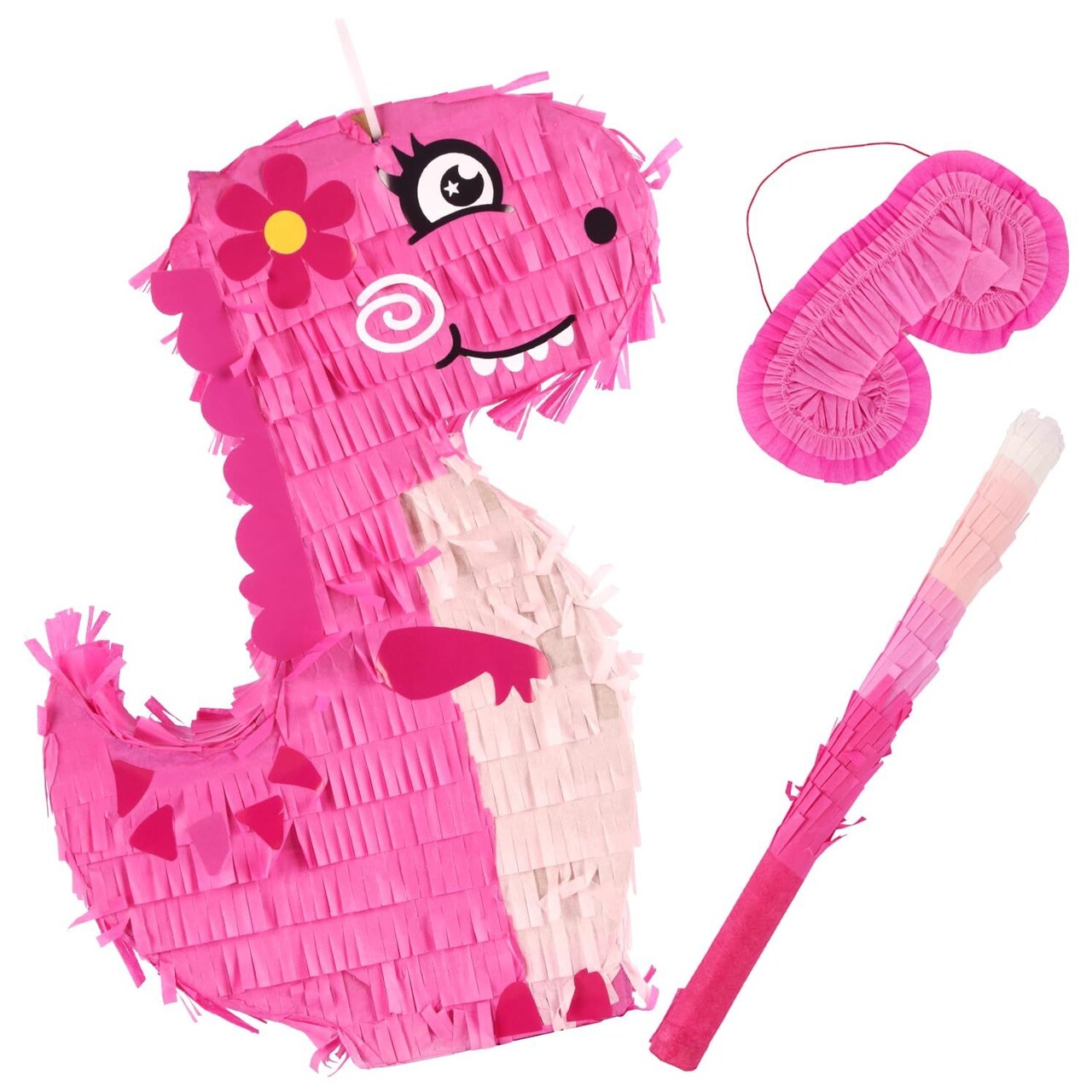 Pink Dinosaur Pinata for Jurassic Size Fun at Parties and Celebrations, Pink Girl T-Rex Dino Pinata Includes Blind-Fold & Baton, Dinosaur Birthday Party